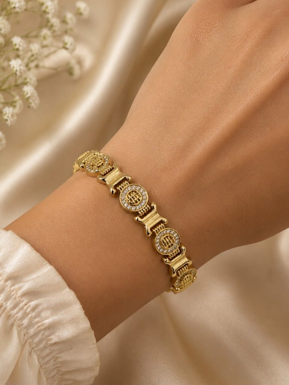 Medallion Bracelet - 14K Gold Plated - Crystal Detail Luxury Statement - NEW